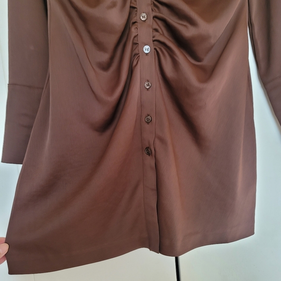 H&M Long Sleeve Button Down Ruched Bodycon Mini Dress Size Medium Brown - Picture 5 of 11